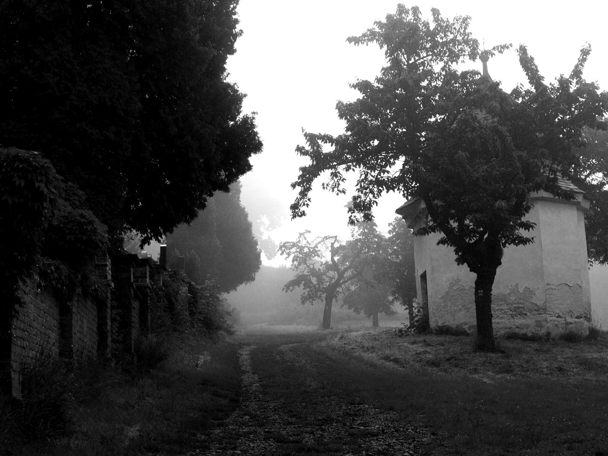Křížová cesta v ranní mlze