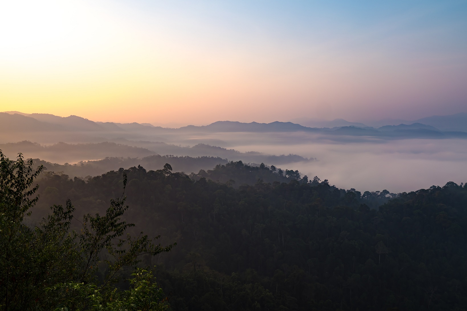Východ slunce v deštném pralese nad Kaeng Krachan